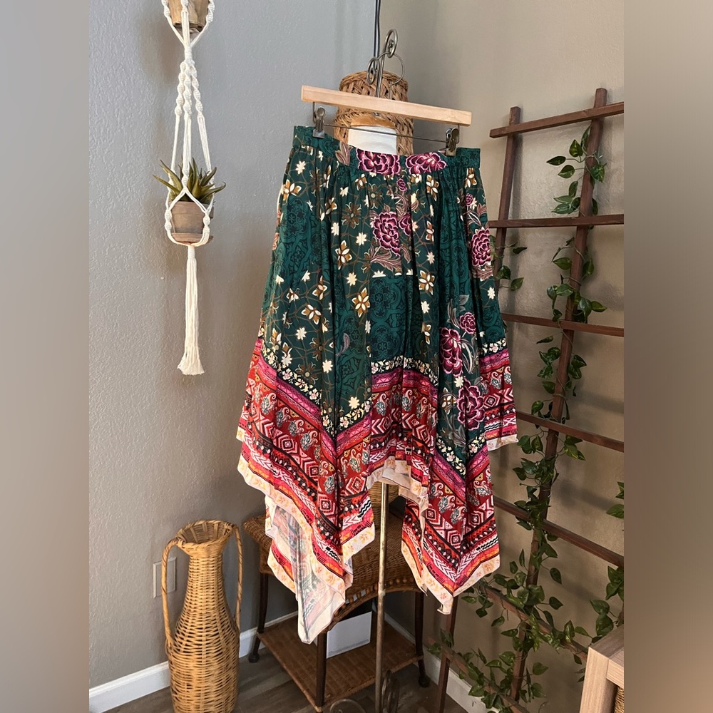 ▪️Anthropologie Geisha Designs Abstract Satin Maxi Scarf Boho Print Skirt Rare - Picture 6 of 12